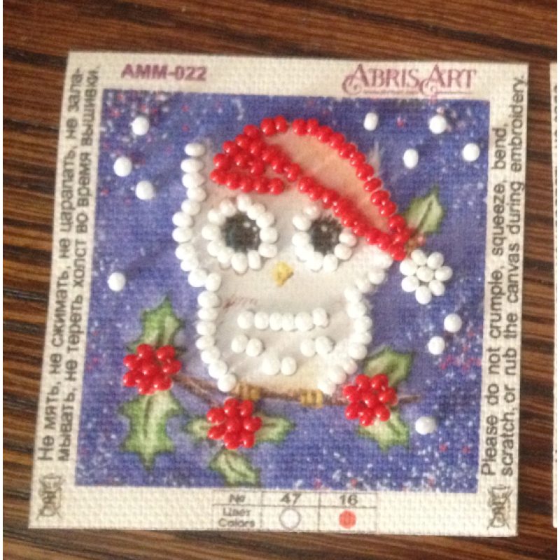 Mini Magnets Bead embroidery kit Little owl and mistletoe