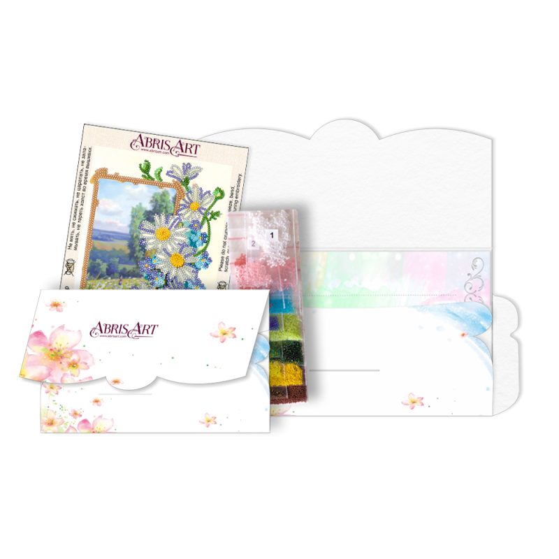 Postcard-envelope for microbead embroidery Chamomile field